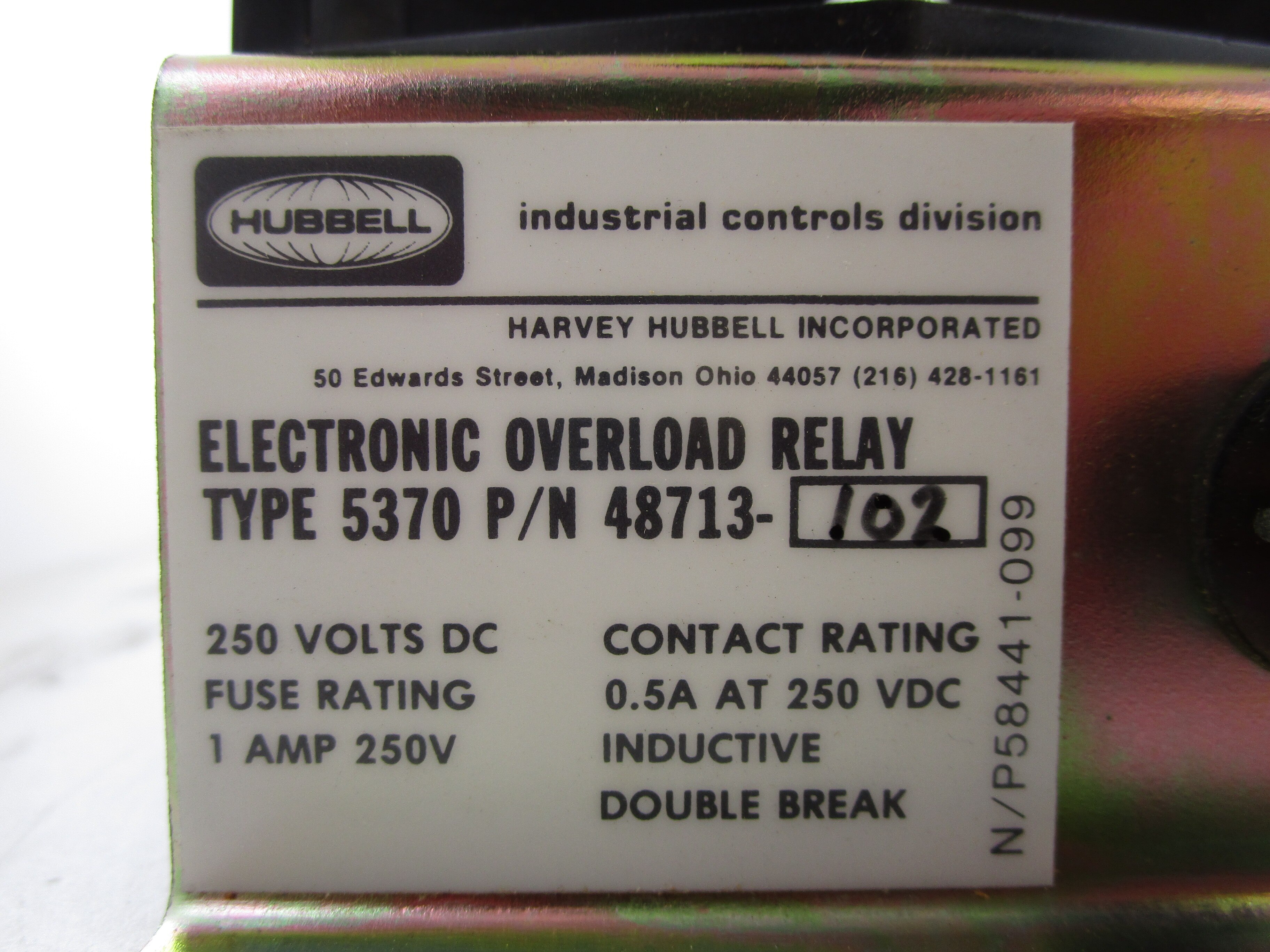 48713-102: HUBBELL TYPE 5370 ELECTRONIC VOLTAGE RELAY, 250 VDC, NEGATIVE SHUNT CONFIGURATION, HC48713-102, HC48713102