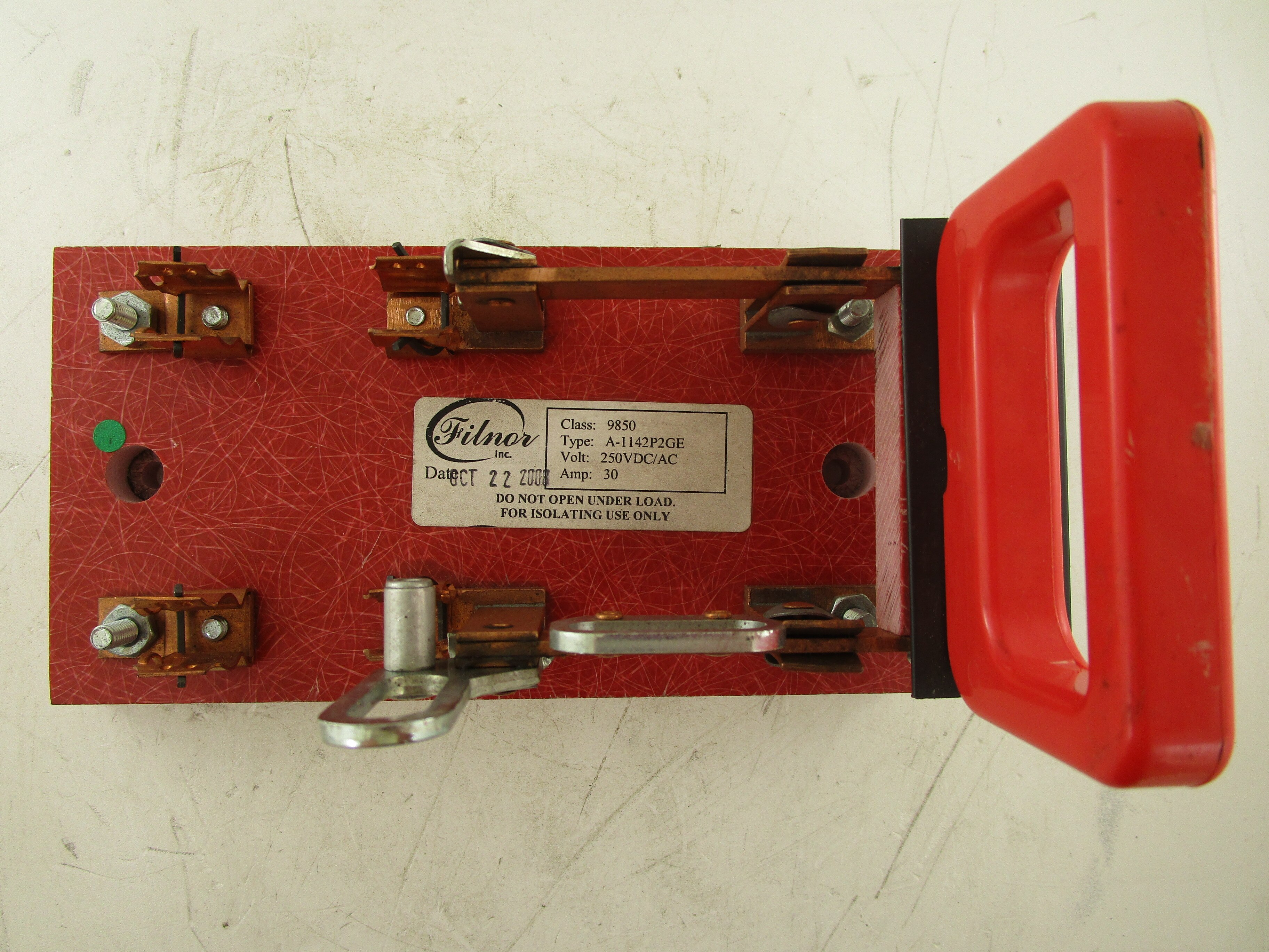 A-1142P2GE FILNOR INC., TYPE A FRONT CONNECTED HEAVY DUTY KNIFE SWITCH CLASS 9850, 30 AMP, 250V, 2 POLE, SINGLE-THROW SWITCH WITH PADLOCKING ATTACHMENT, 90 DEGREE STOP & SPADE HANDLE, FUSIBLE.