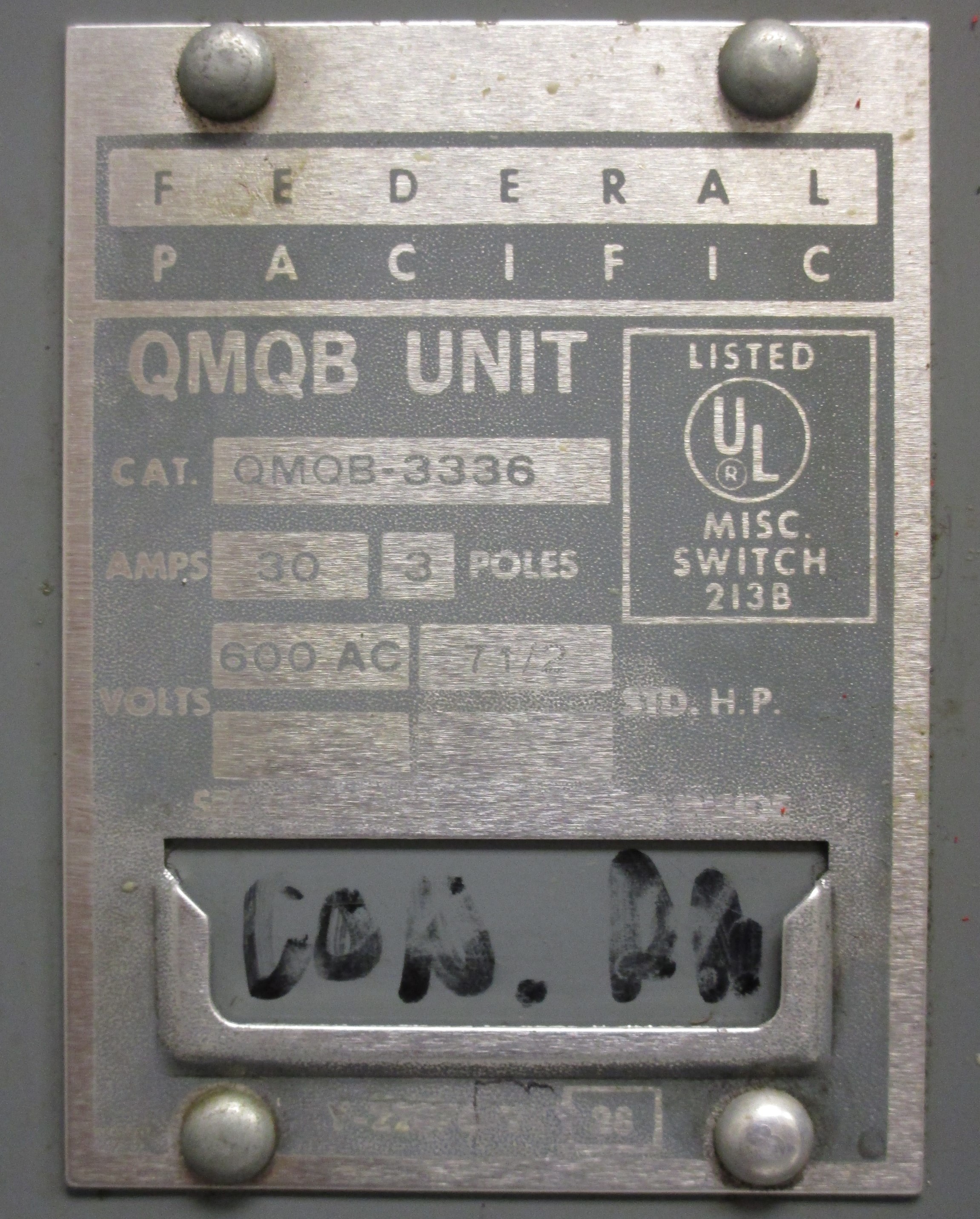 QMQB-3336: FEDERAL PACIFIC, PANELBOARD SWITCH 30 AMP, 3 POLE, 600VAC ...
